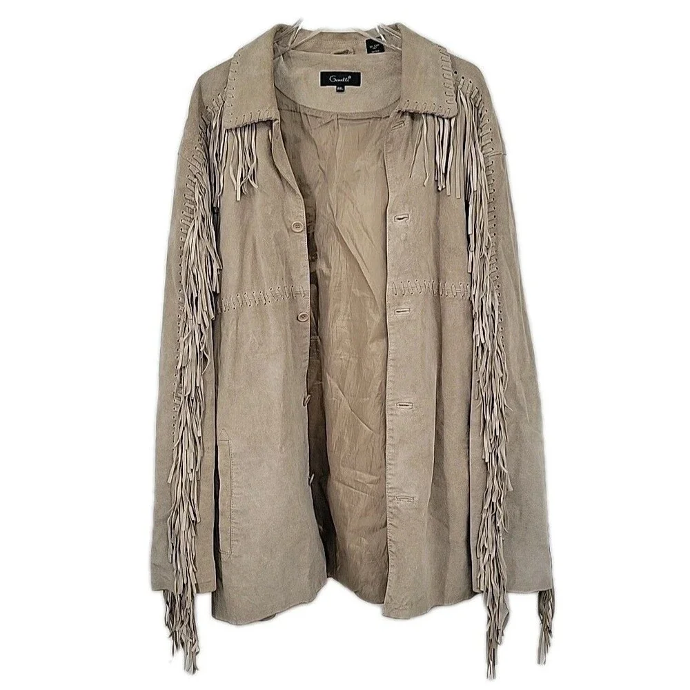 Genelli Mens Leather Fringe Jacket Size XXL Blonde Tan Coat Vintage - Picture 3 of 16